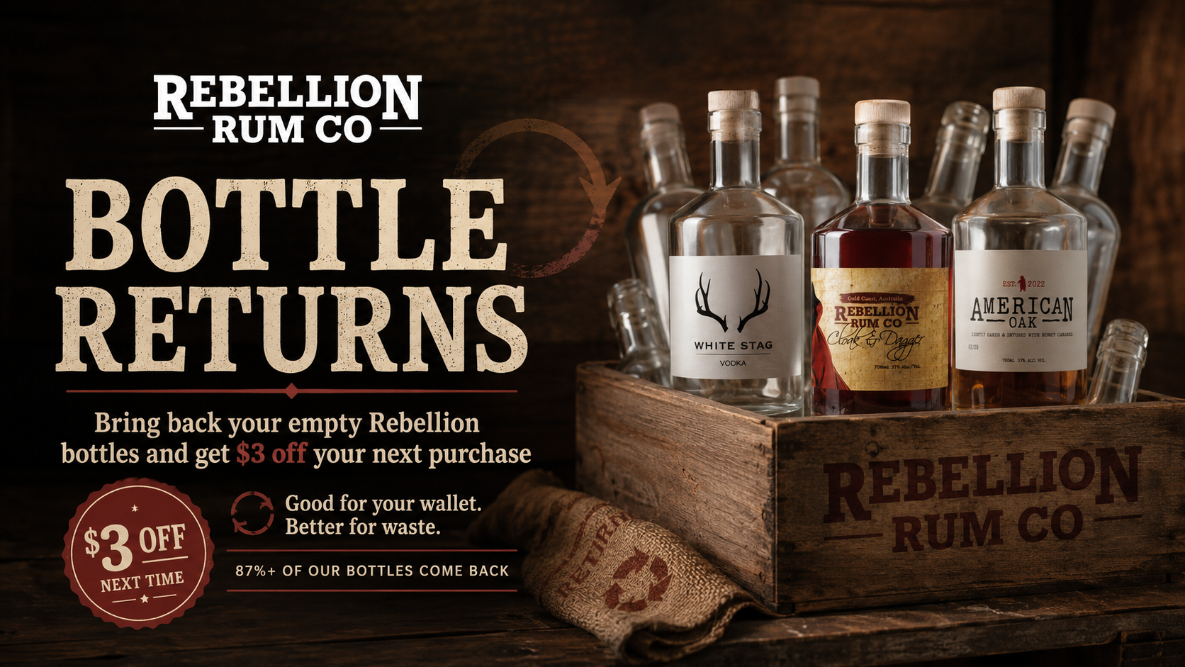 Bottle Returns - bring back empty Rebellion bottles and get $3 off your next purchase